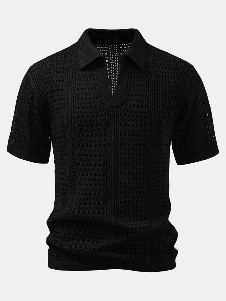 Crochet  V Neck Polo Shirt &amp; Crinkle Textured Straight Leg Pants