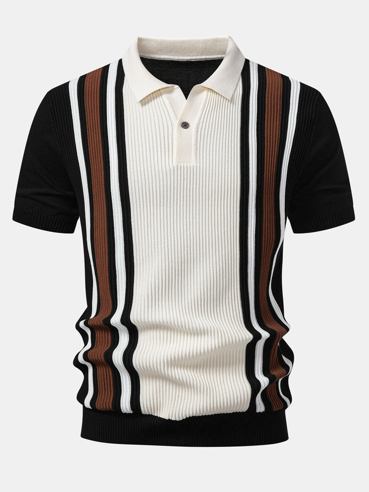Contrast Striped Ribbed Knit Polo &amp; Slim Fit Tapered Trousers