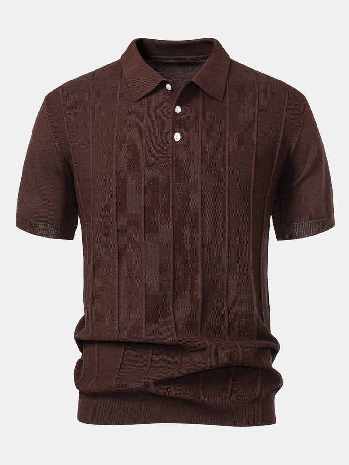Stripe Jacquard Knit Polo Shirt &amp; Straight Leg Ribbed Pants