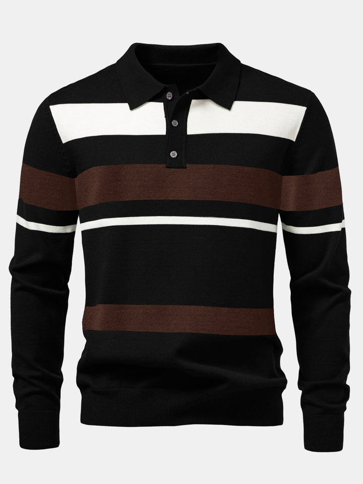 Long Sleeve Stripe Knit Polo Shirt &amp; Slim Fit Tapered Trousers