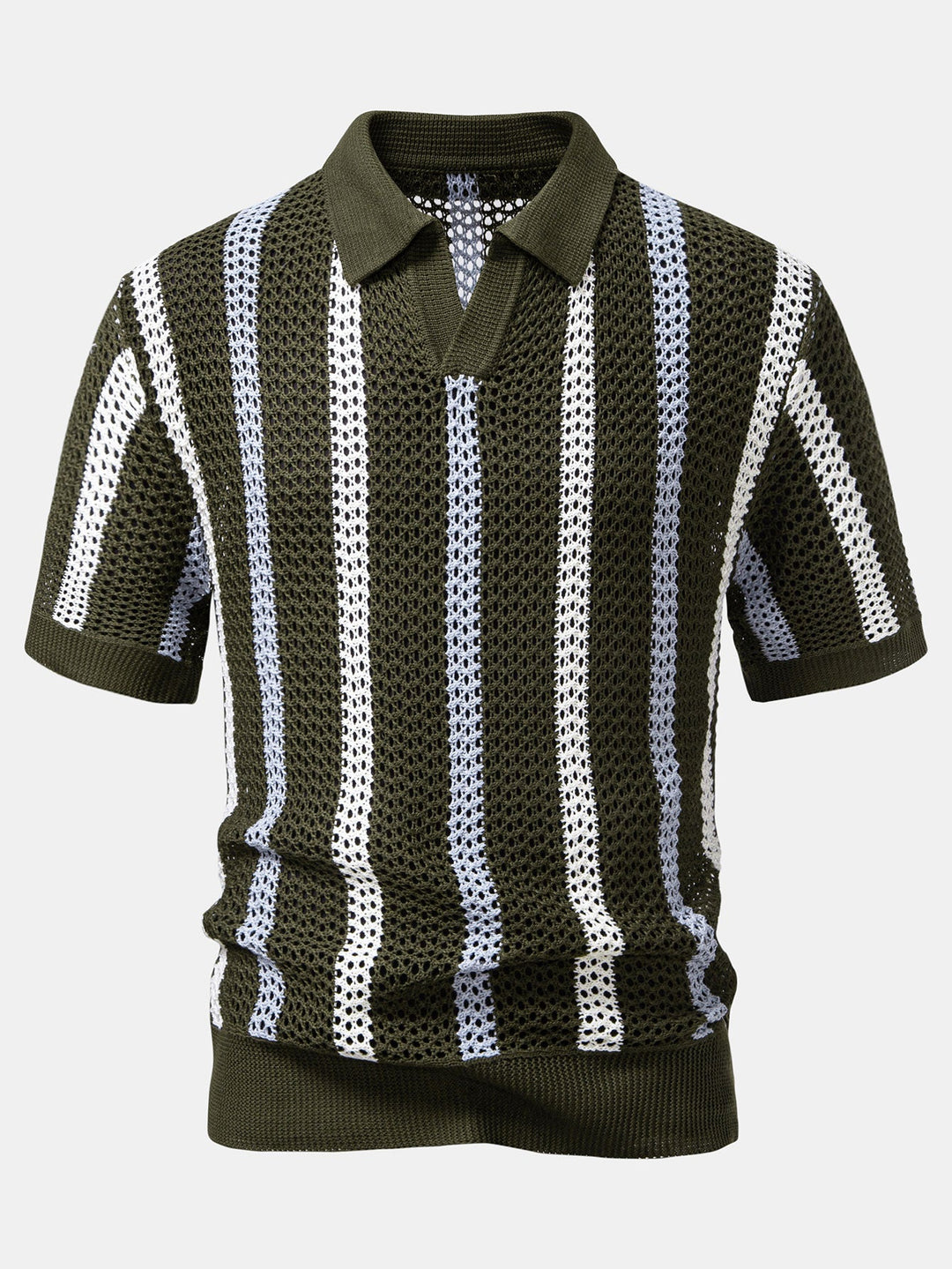 Striped Crochet V Neck Polo &amp; Crinkle Textured Drawstring 5" Shorts