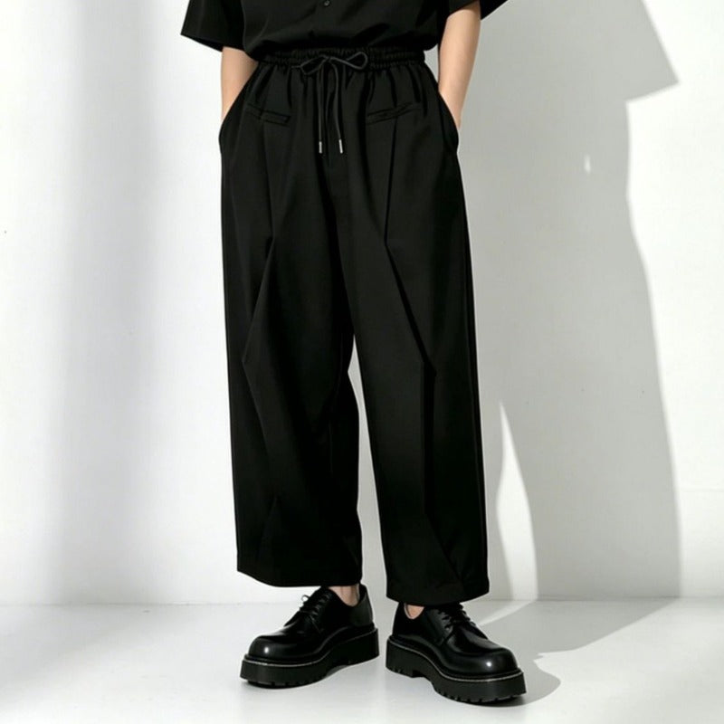 Black Loose-Fit Straight-Leg Drawstring Pants