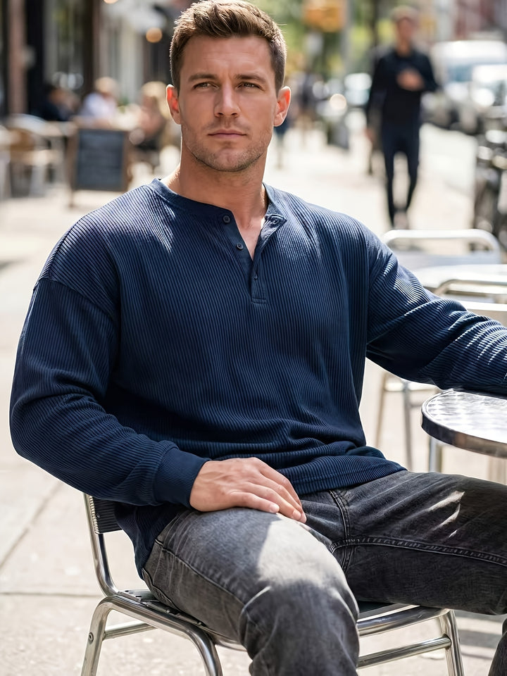 Versatile Solid Color Long Sleeve Henley Shirt
