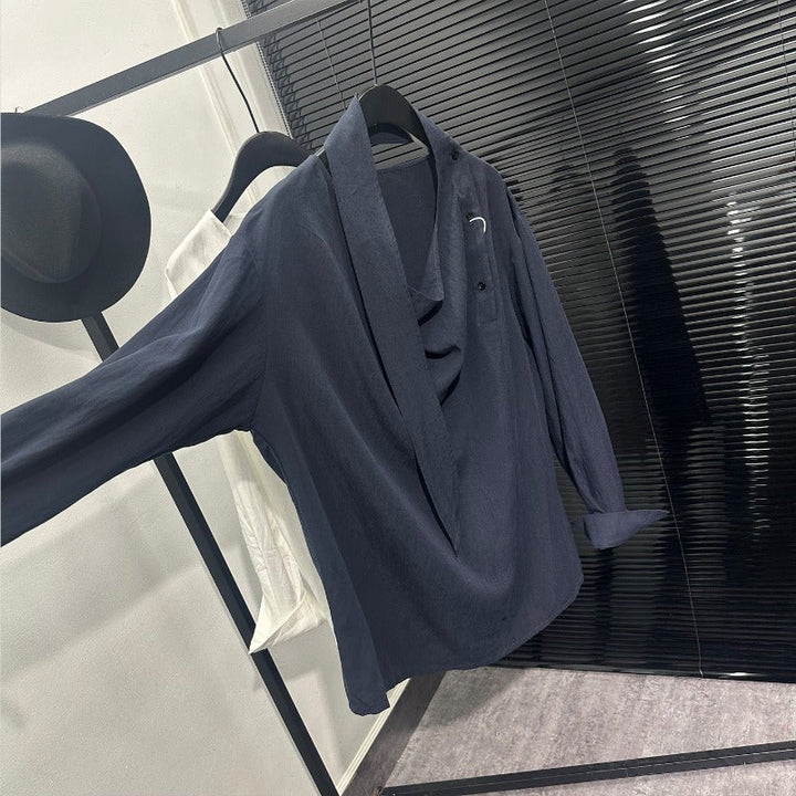Asymmetric Neckline Tie-Detail Long-Sleeve Shirt