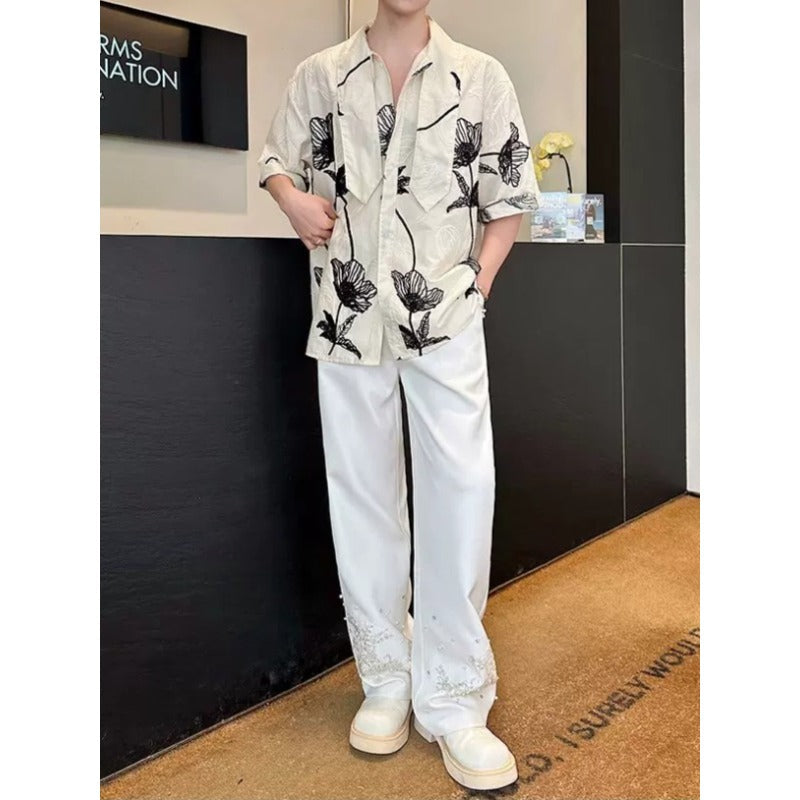 3D Embroidered Bow Tie Short-Sleeve Shirt