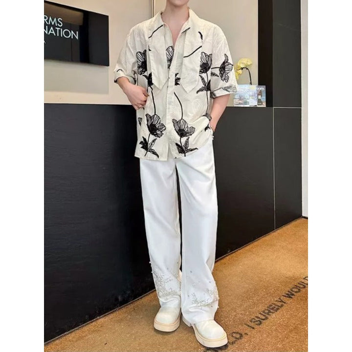 3D Embroidered Bow Tie Short-Sleeve Shirt