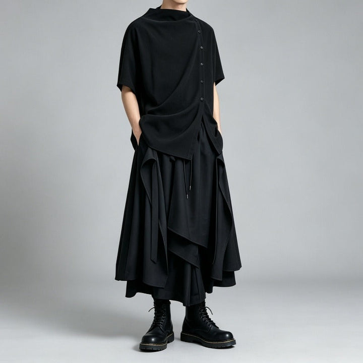 Japanese Loose Shirt and Asymmetrical Skirt-Pants Two-piece Set