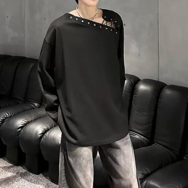 Asymmetrical Shoulder Straps Textured Long-Sleeve T-Shirt