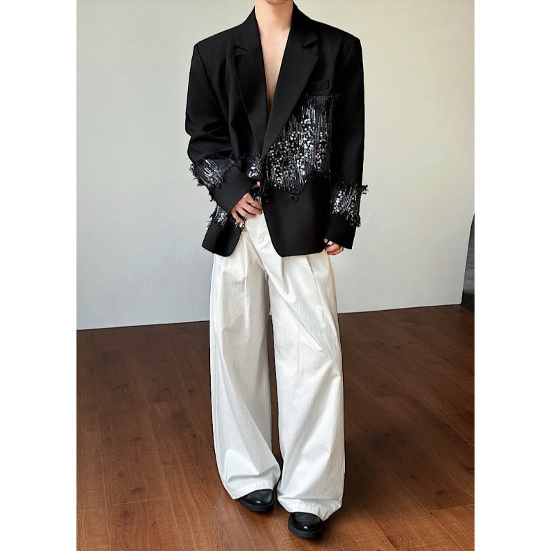 Black Sequin-Paneled Blazer with Shoulder Pads