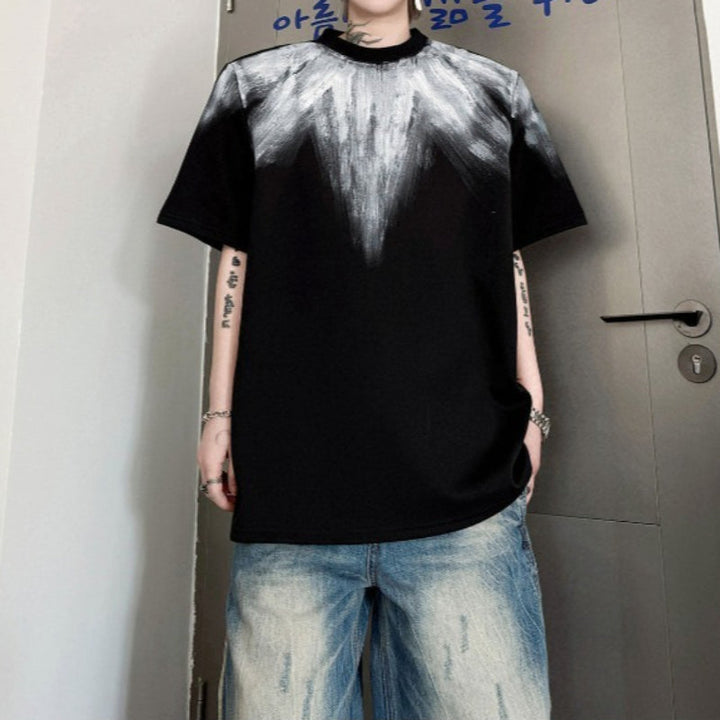Color-blocked Hand-painted Padded Shoulder Loose T-shirt