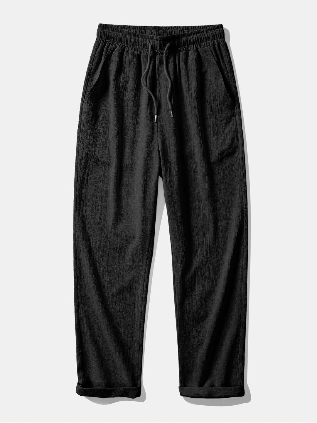 Textured Johnny Collar Crocheted Knit Polo &amp; Crinkle Textured Straight Leg Pants