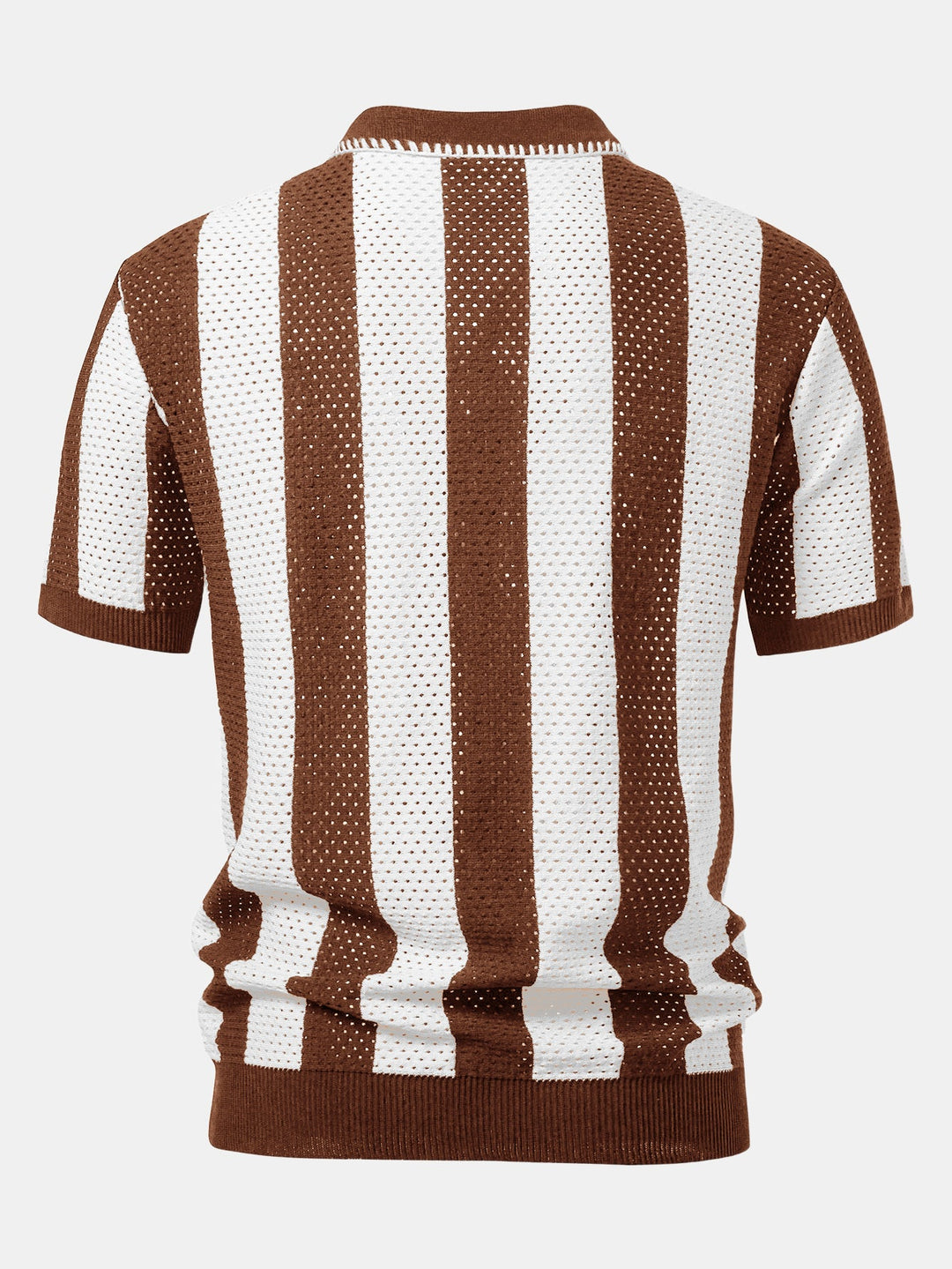 Striped Eyelet Knit Zip Up Polo Shirt &amp; Straight Leg Linen Pants