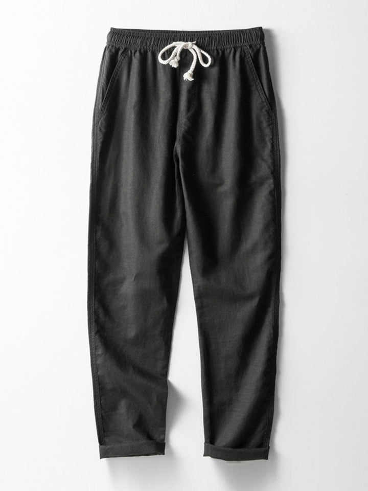Textured Johnny Collar Crocheted Knit Polo &amp; Straight Leg Linen Pants