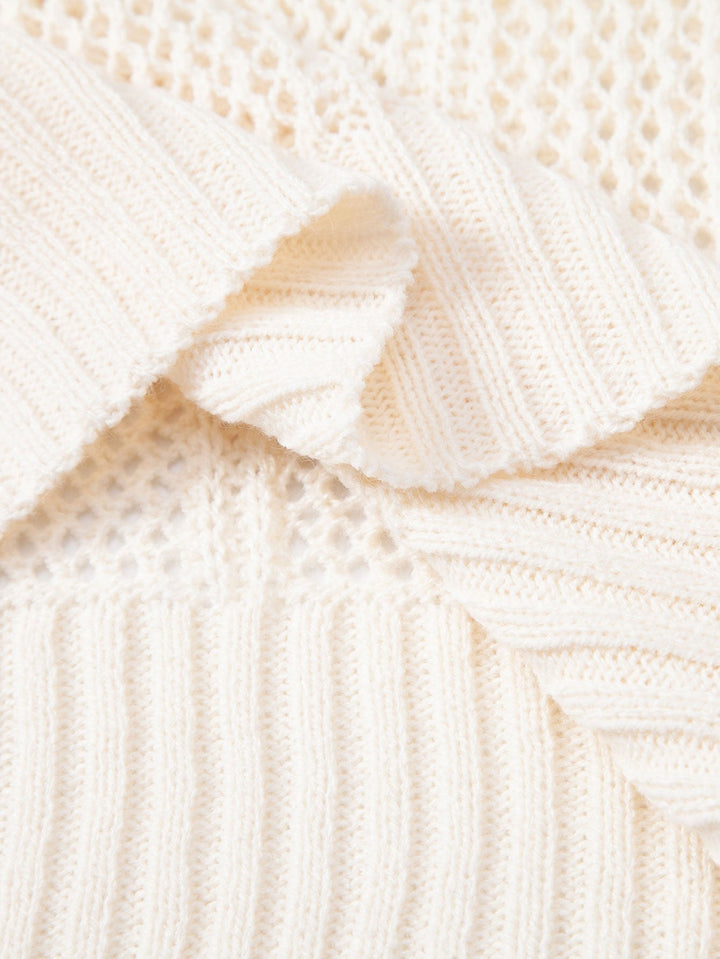 Relax Fit Crochet V Neck Knit Polo &amp; Straight Leg Linen Pants