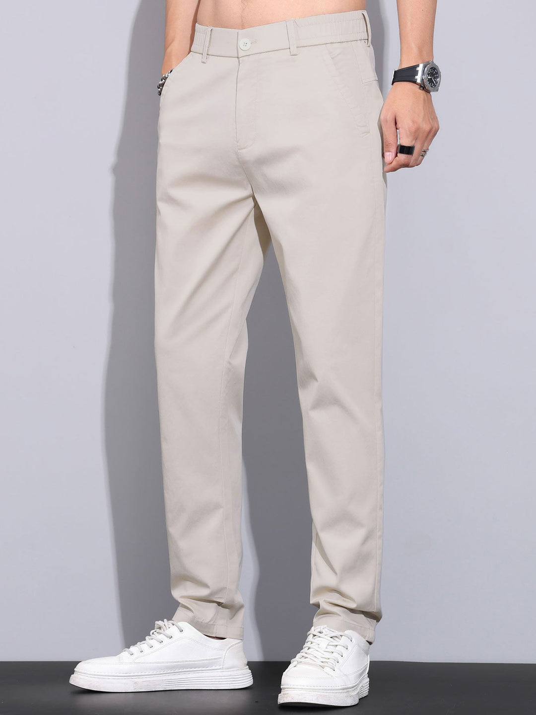 Contrast Trim Textured Zipper Knit Polo &amp; Elastic Waist Straight Leg Trousers