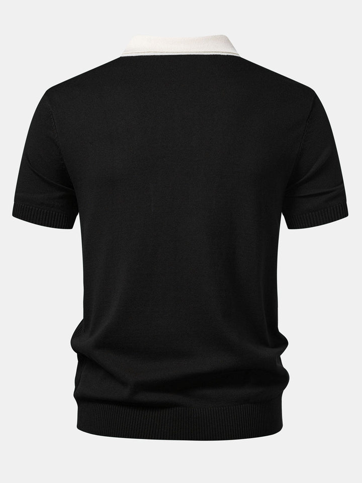 Contrast Striped Ribbed Knit Polo &amp; Elastic Waist Chino Shorts