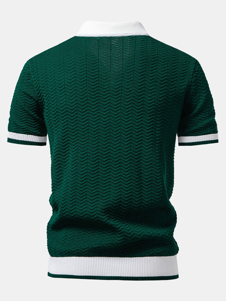 Texture Contrast Knitted V Neck Polo Shirt &amp; Straight Leg Ribbed Pants