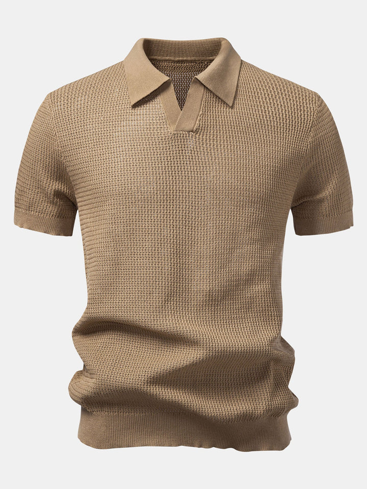 Textured Johnny Collar Crocheted Knit Polo &amp; Straight Leg Linen Pants