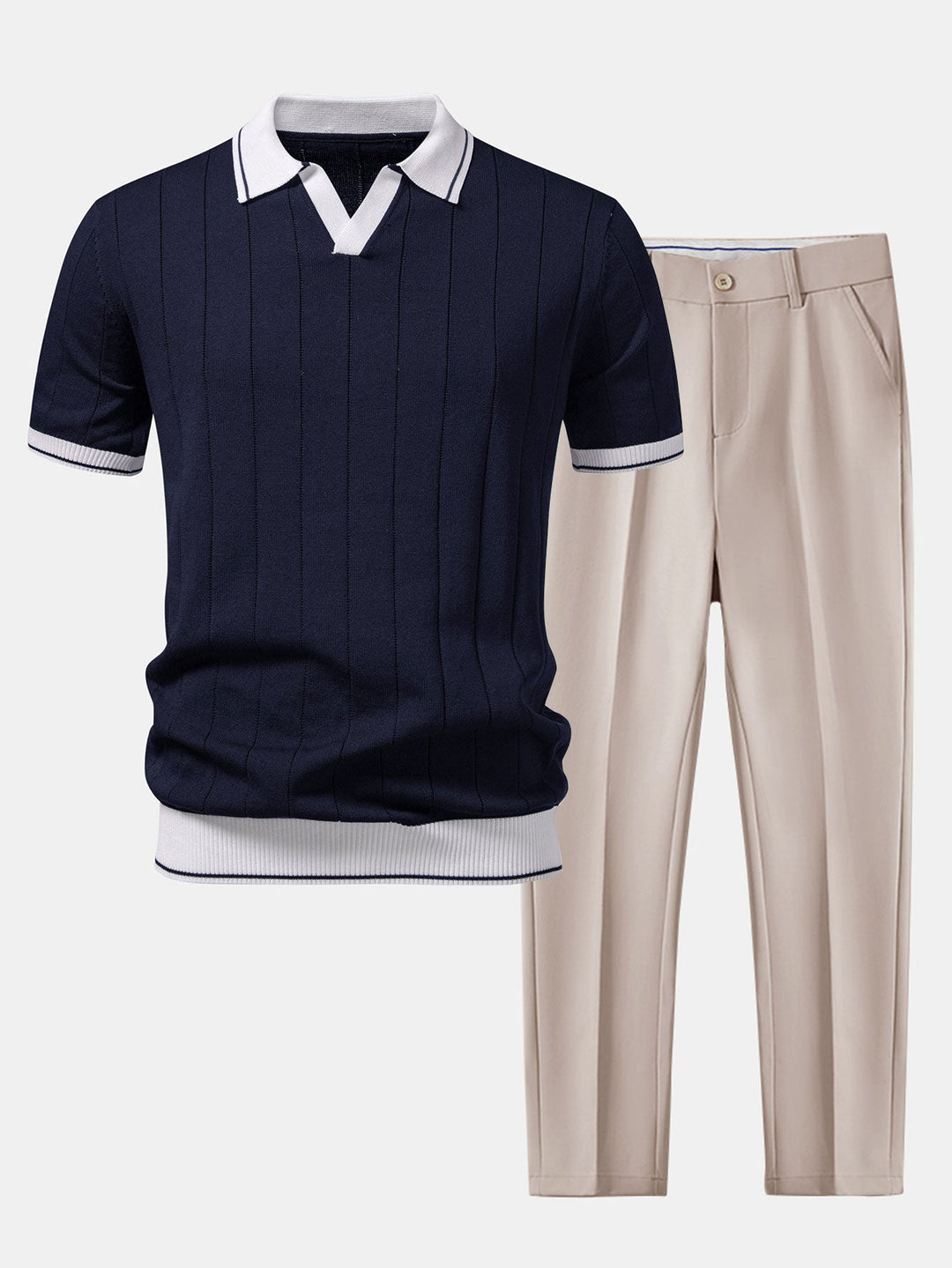 Contrast Trim Ribbed Johnny Collar Knit Polo &amp; Slim Fit Tapered Trousers