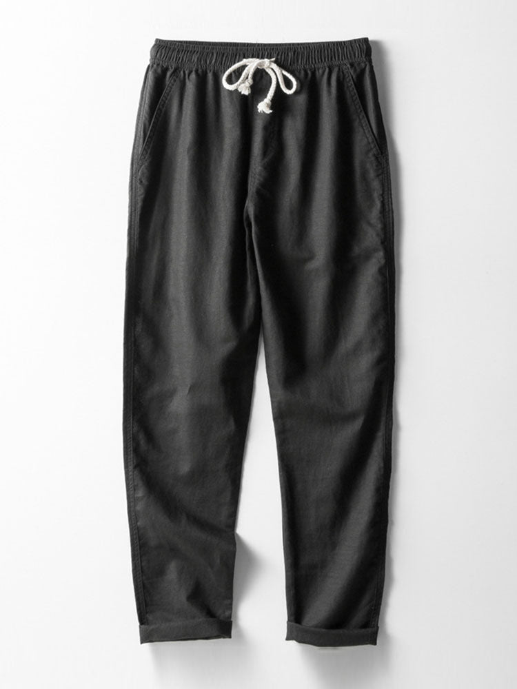 Stripe Johnny Collar Open Knit Polo &amp; Straight Leg Linen Pants