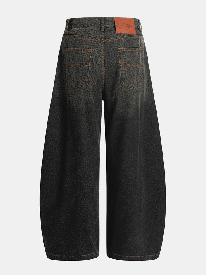 Leopard Print Washed Distressed Denim Baggy Pants
