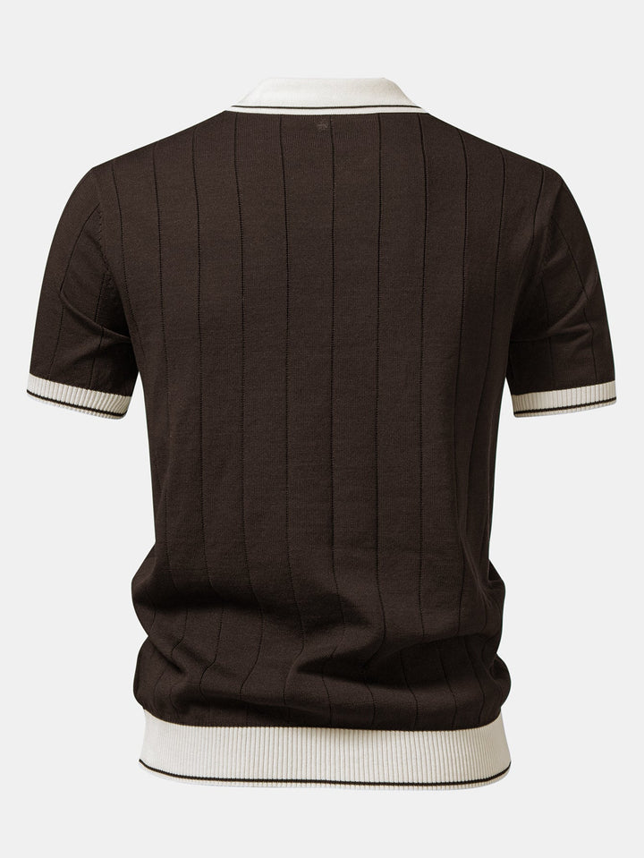 Contrast Trim Ribbed Johnny Collar Knit Polo &amp; Elastic Waist Chino Shorts