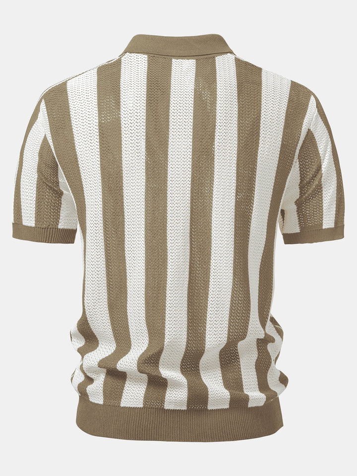 Striped V Neck Open Knit Polo &amp; Crinkle Textured Drawstring 5" Shorts