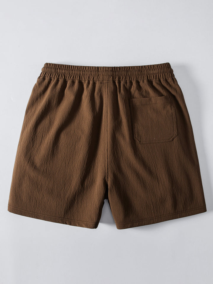 Relax Fit Crocheted V Neck Polo &amp; Crinkle Textured Drawstring 5" Shorts