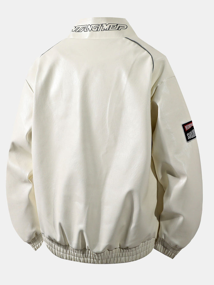 Fleece Lined Embroidery Leather Racing Jacket