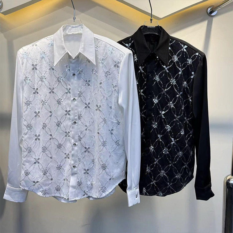 Sequin Lace Argyle-Pattern Shirt