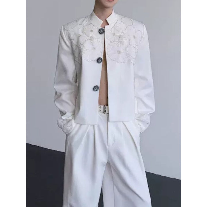 Stand-Collar Blazer with Mesh Floral Embroidery