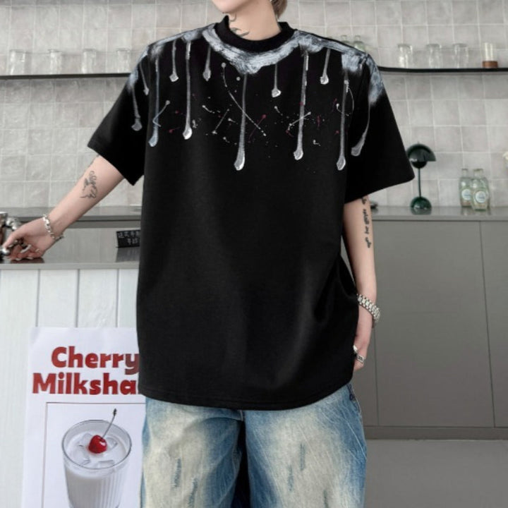 Round Neck Hand-painted Geometric Pattern Loose T-shirt