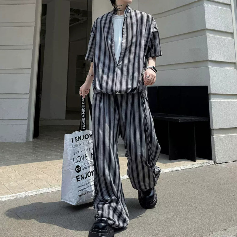 Striped Faux Two-Piece Shirt Wide-Leg Pants Two-piece Set