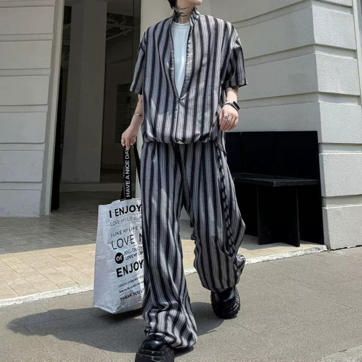 Striped Faux Two-Piece Shirt Wide-Leg Pants Two-piece Set