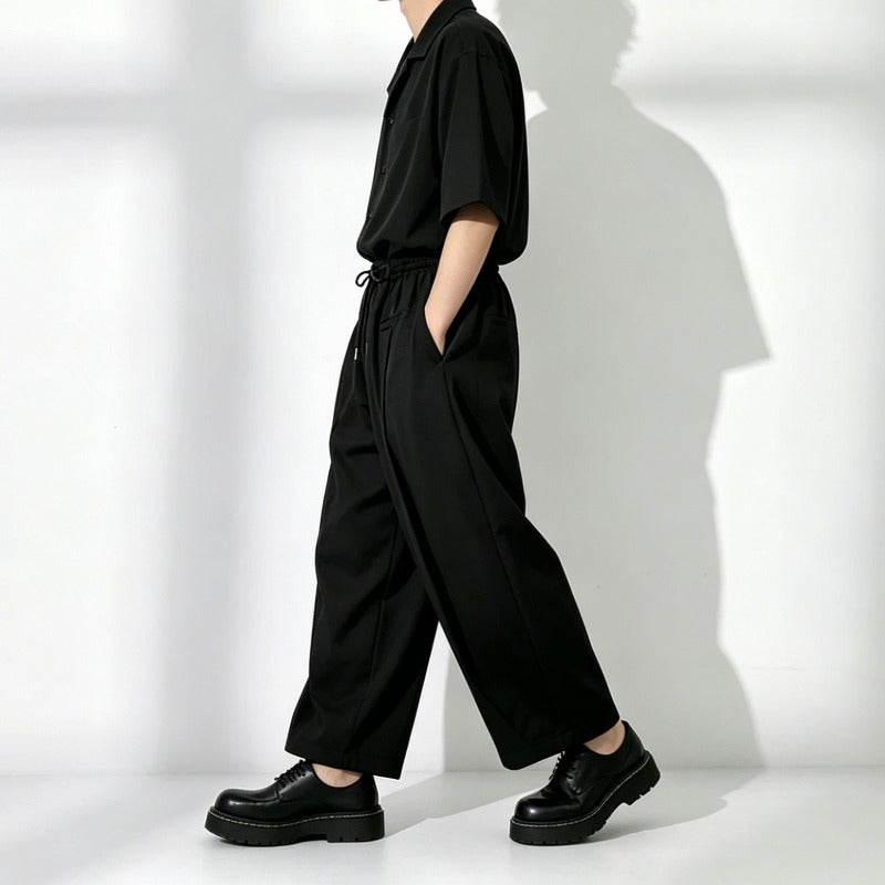 Black Loose-Fit Straight-Leg Drawstring Pants