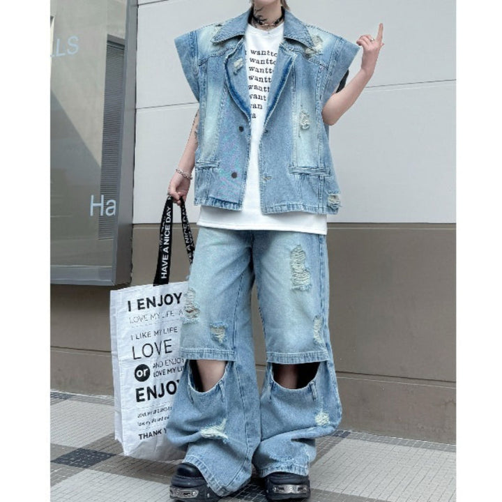 Distressed Collar Loose Denim Vest and Ripped Denim Trousers Suit