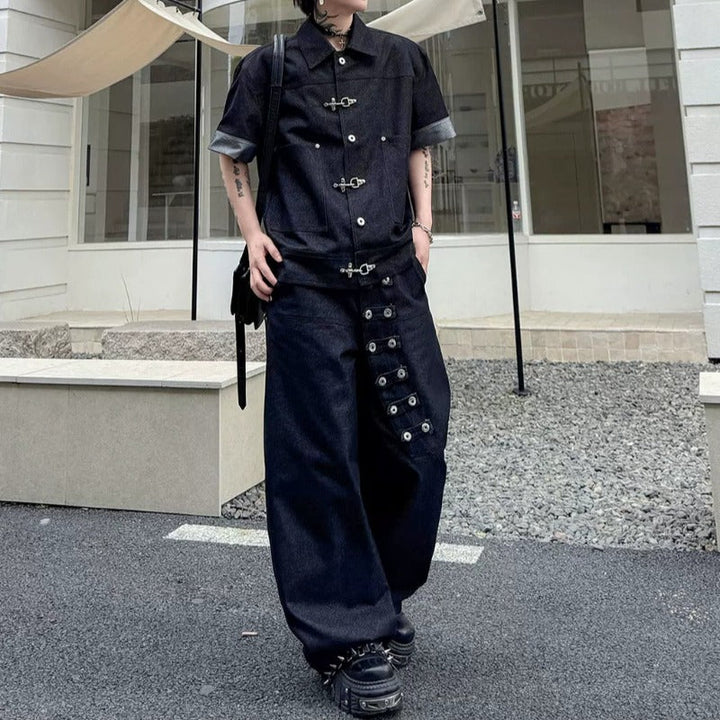 Summer Short-Sleeve Denim Jacket with Metal Buttons Denim Trousers Two-Piece Set