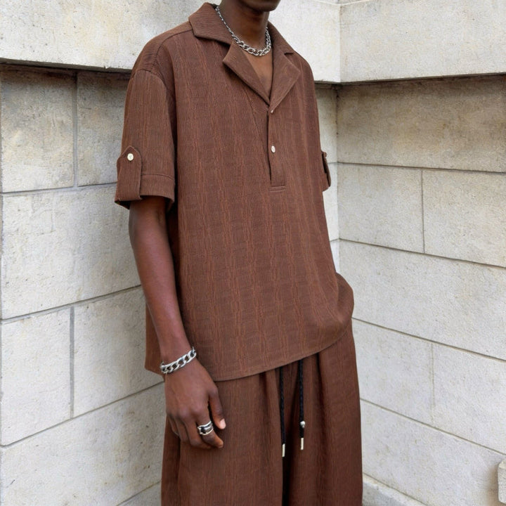 Textured Jacquard Collar Loose-Fit Shirt and Wide-Leg Casual Trousers Two-Piece Set