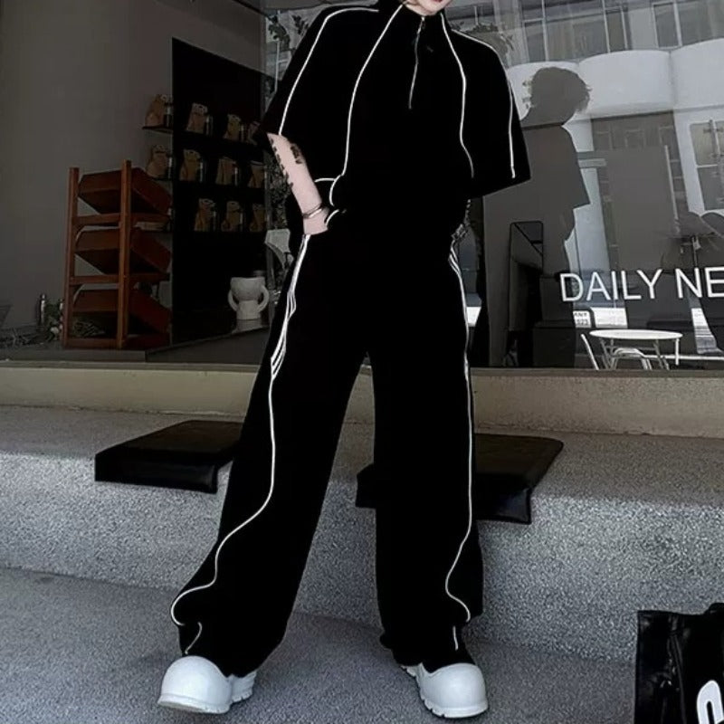 Stand-Collar Short-Sleeve Contrast Piping T-Shirt with &amp; Zip-Front Wide-Leg Trousers Two-Piece Set