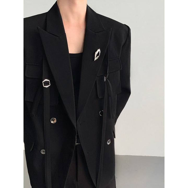 Ribbon-designed Padded-shoulder Suit Jacket