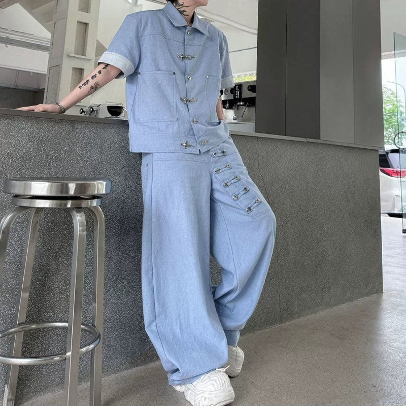 Summer Short-Sleeve Denim Jacket with Metal Buttons Denim Trousers Two-Piece Set
