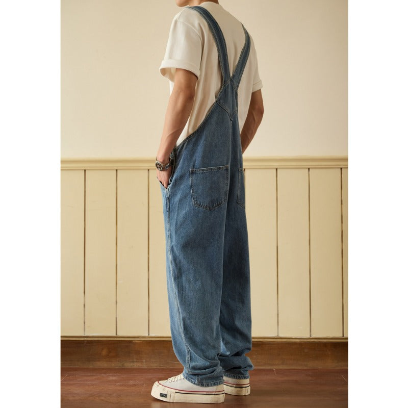 Retro Straight-Leg Cargo Denim Overalls