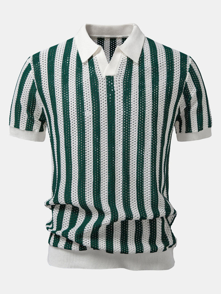 Stripe Johnny Collar Open Knit Polo &amp; Straight Leg Linen Pants