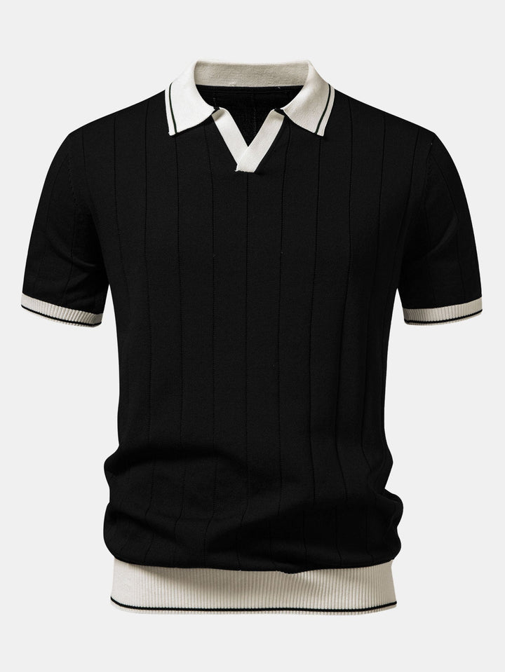 Contrast Trim Ribbed Johnny Collar Knit Polo &amp; Elastic Waist Chino Shorts