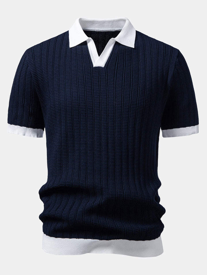 Contrast Textured Johnny Collar Knit Polo &amp; Slim Fit Tapered Trousers