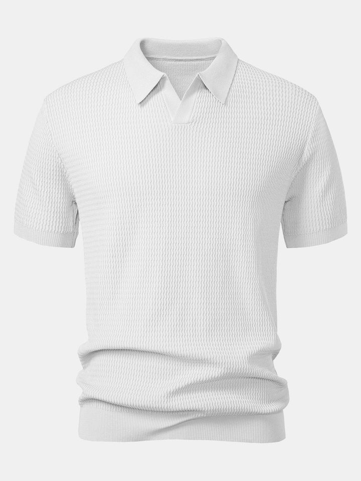 Wave Jacquard Knit V Neck Polo Shirt &amp; Cotton Chino Shorts
