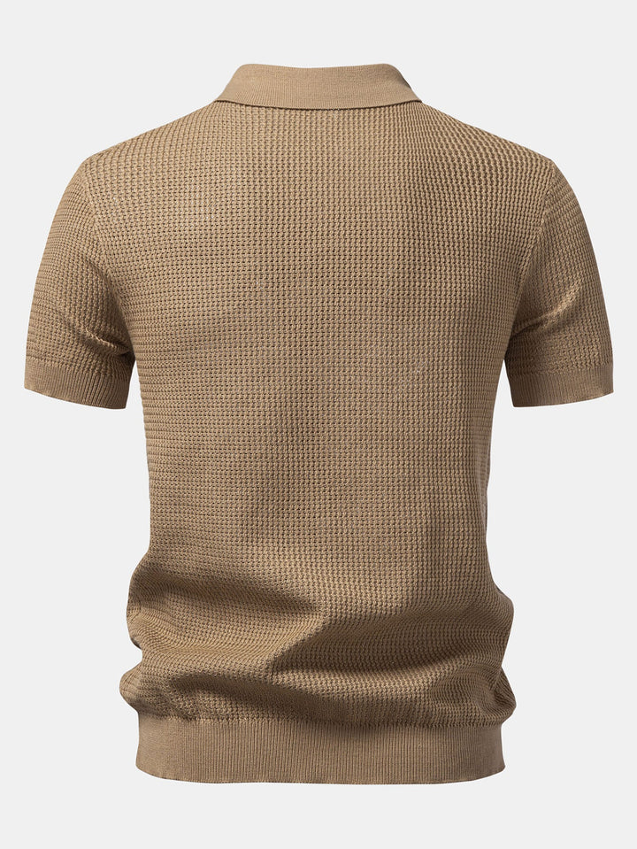 Textured Johnny Collar Crocheted Knit Polo &amp; Straight Leg Linen Pants