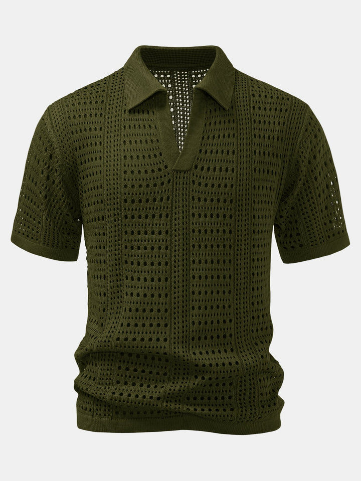 Crochet  V Neck Polo Shirt &amp; Straight Leg Linen Pants