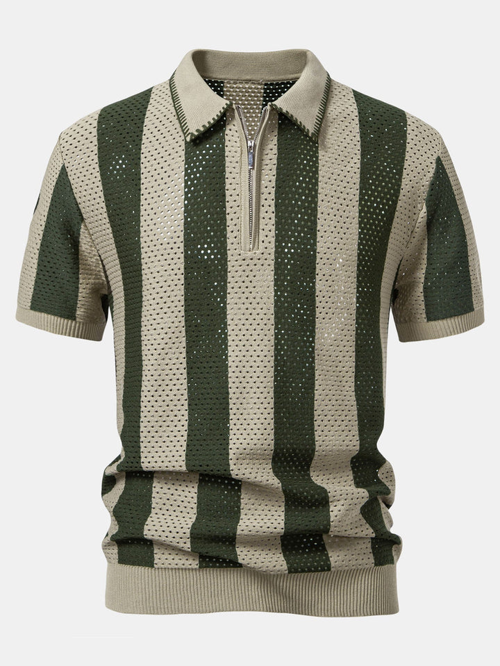 Striped Eyelet Knit Zip Up Polo Shirt &amp; Straight Leg Linen Pants