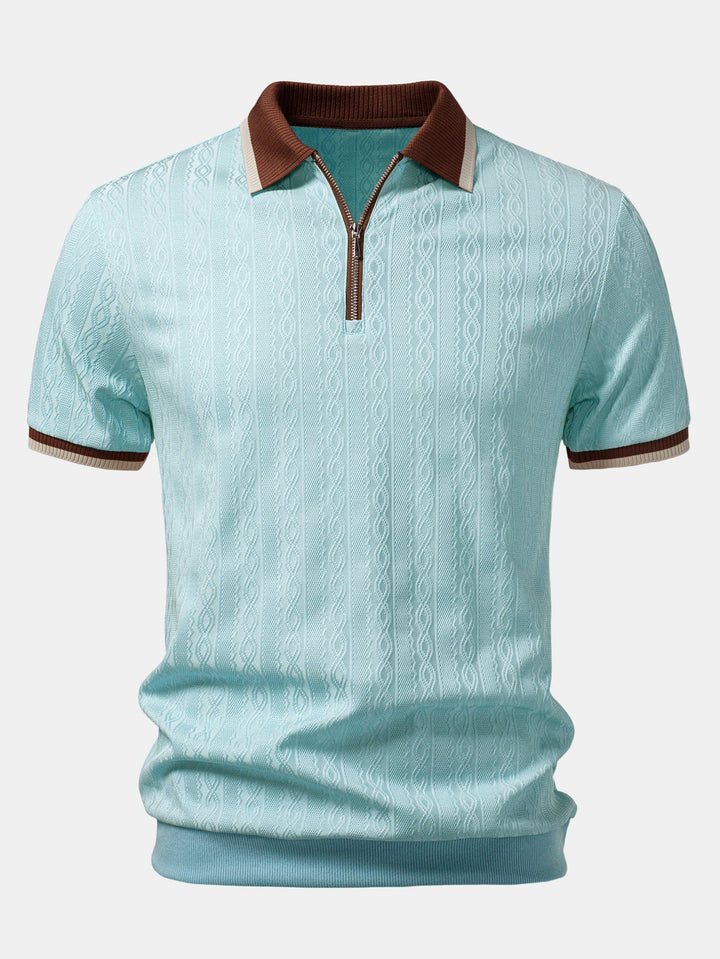 Contrast Trim Textured Zipper Knit Polo &amp; Slim Fit Tapered Trousers